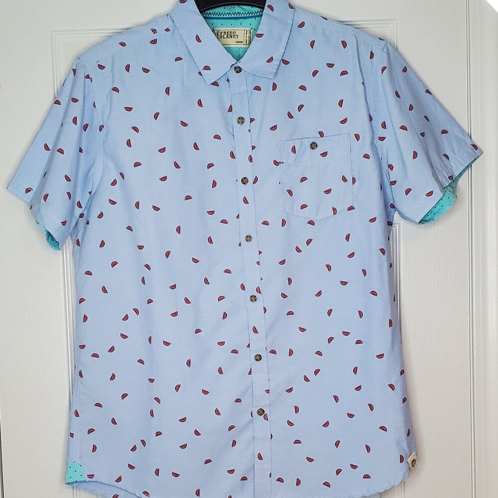 Free Planet Mens L Blue Watermelon Print Short Sleeve Button Down